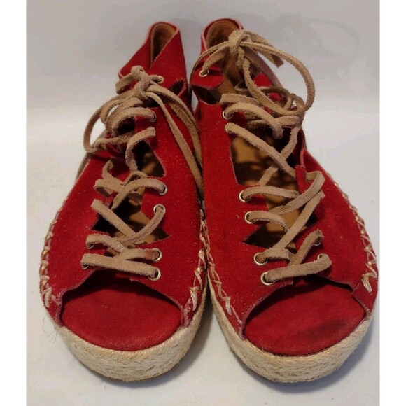 Carolina K Mila Platform Espadrilles Red Suede And Tan Sz 9 - Picture 3 of 10